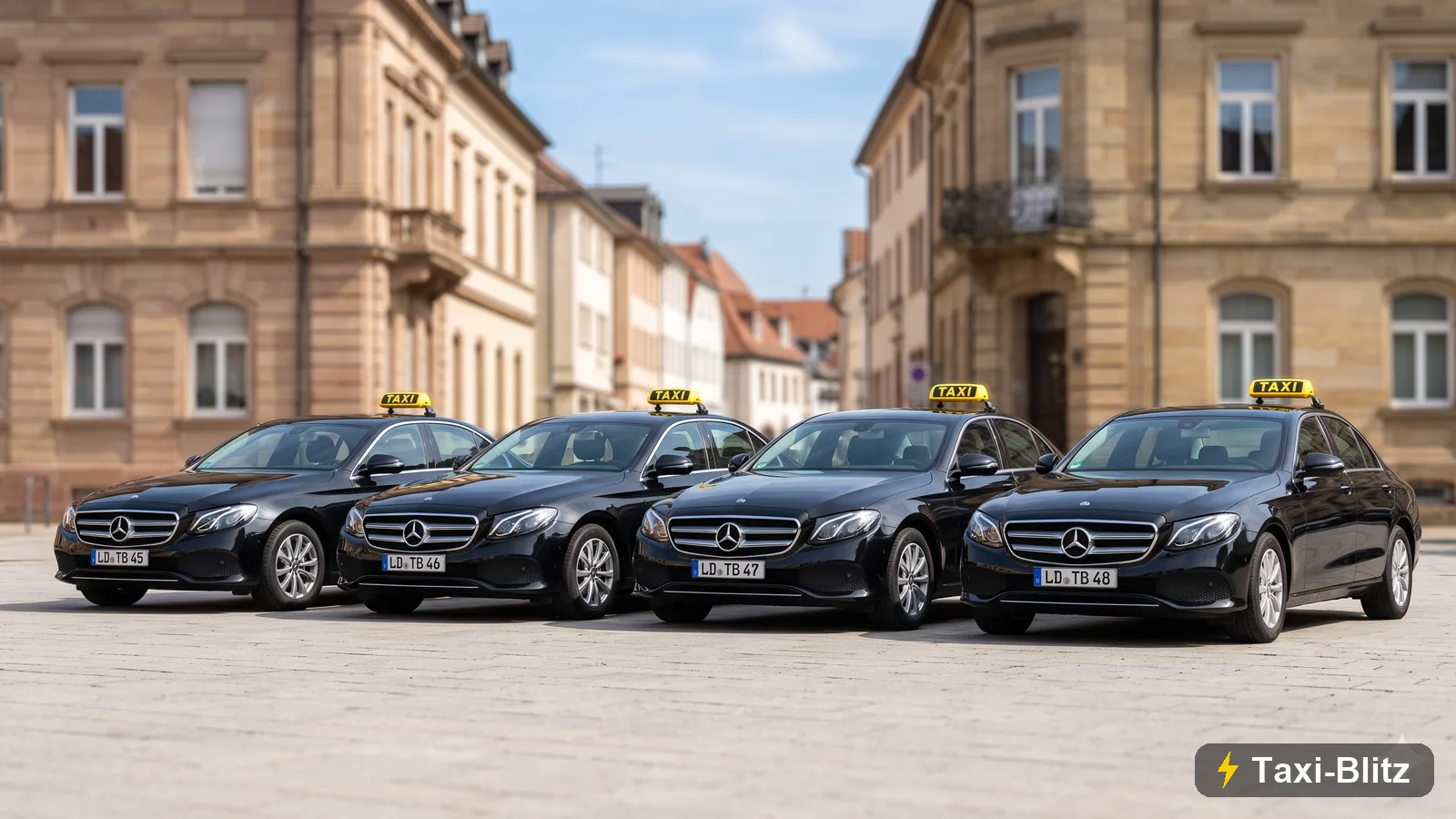 Die vier schwarzen Mercedes-Benz E-Klasse Taxis von Taxi-Blitz nebeneinander auf einem Platz in Landau
