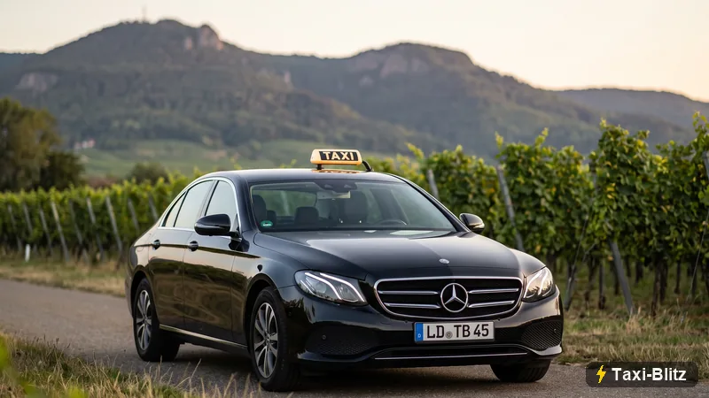 Schwarzes Mercedes-Benz E-Klasse Taxi von Taxi-Blitz vor den Weinbergen der Südlichen Weinstraße